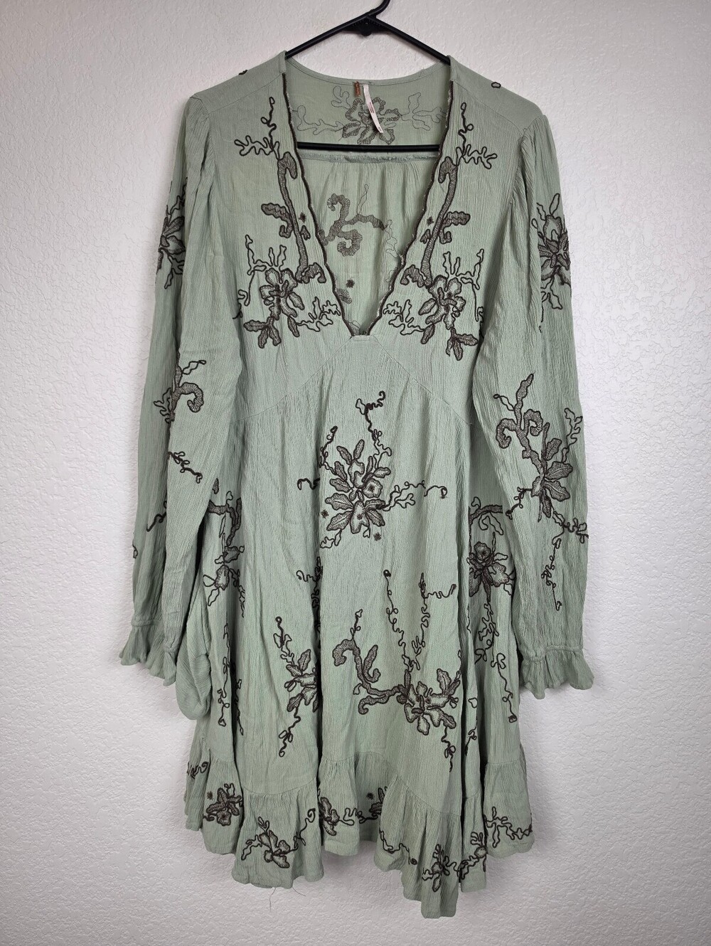 Free People Embroidered Green Viscose Dress Medium